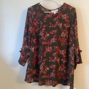 Floral blouse, olive green, pinks, reds and purple